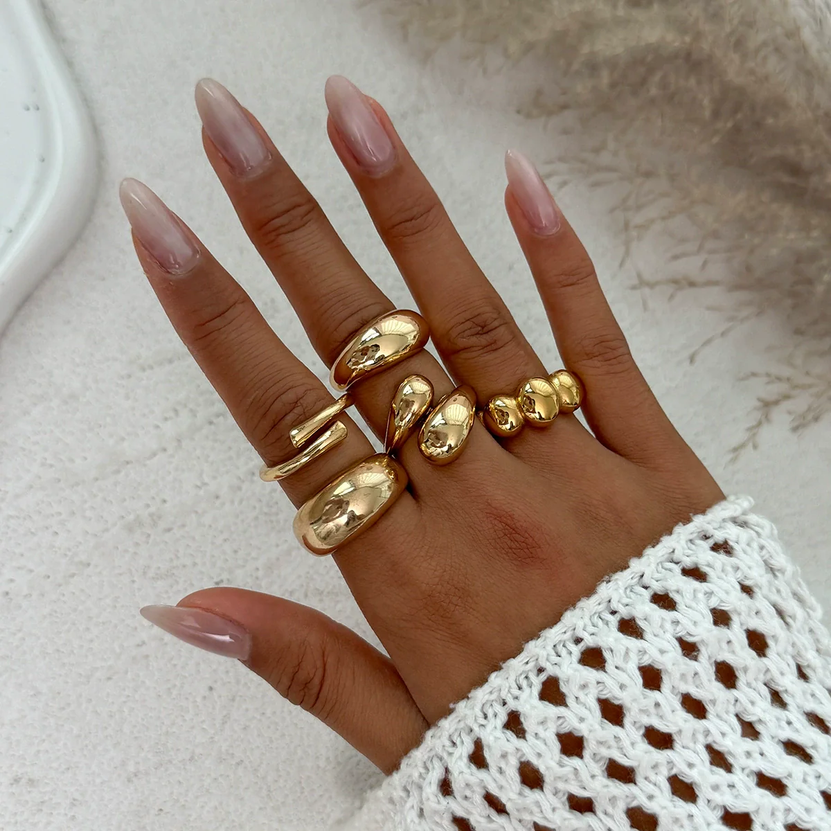 Jewelry Alloy Geometric Exaggerated Asymmetrical Open Ring Set Electroplating Niche Style - Image 16