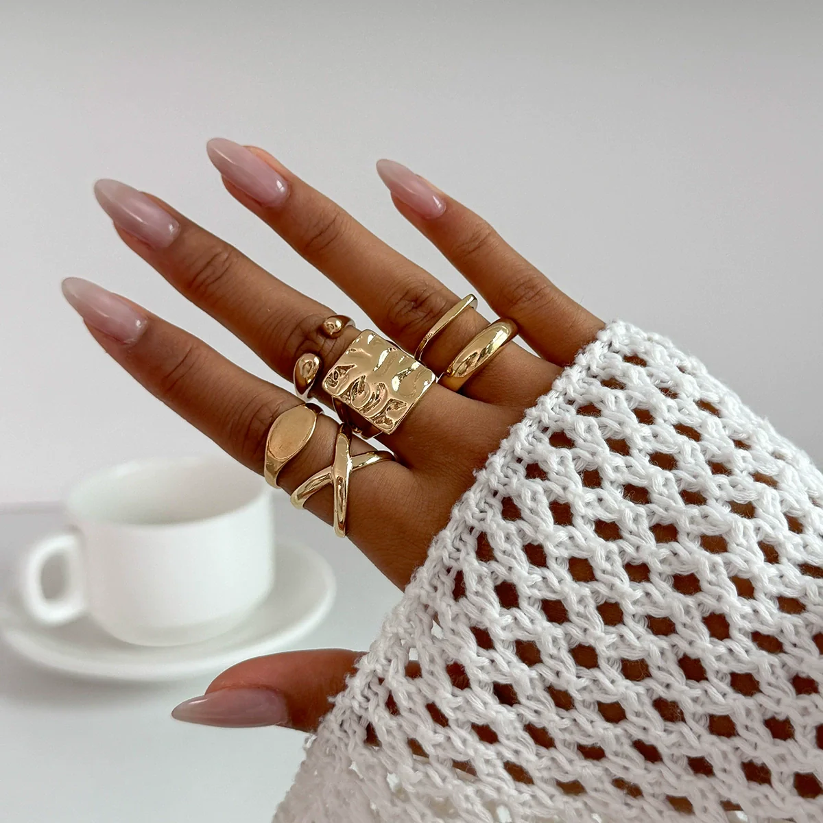 Jewelry Alloy Geometric Exaggerated Asymmetrical Open Ring Set Electroplating Niche Style - Image 2