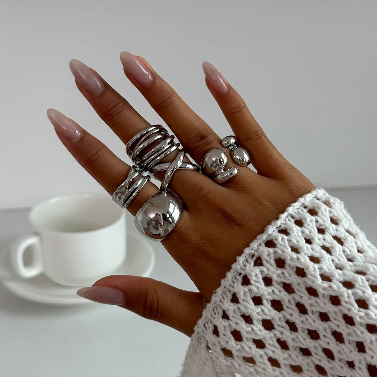 Jewelry Alloy Geometric Exaggerated Asymmetrical Open Ring Set Electroplating Niche Style - Image 3