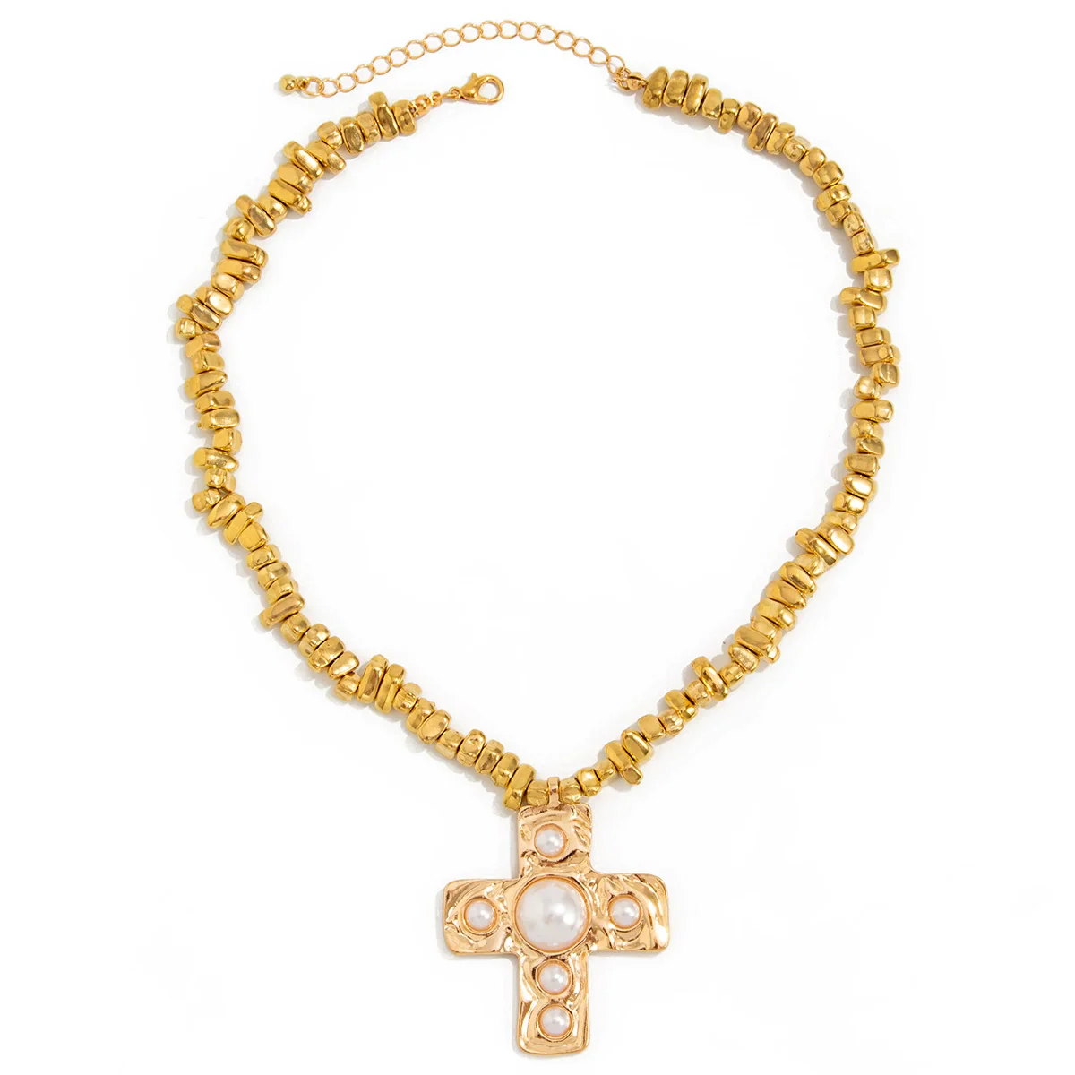 Jewelry Alloy Geometric Inlaid Pearl Cross Pendant Necklace Electroplated - Image 5