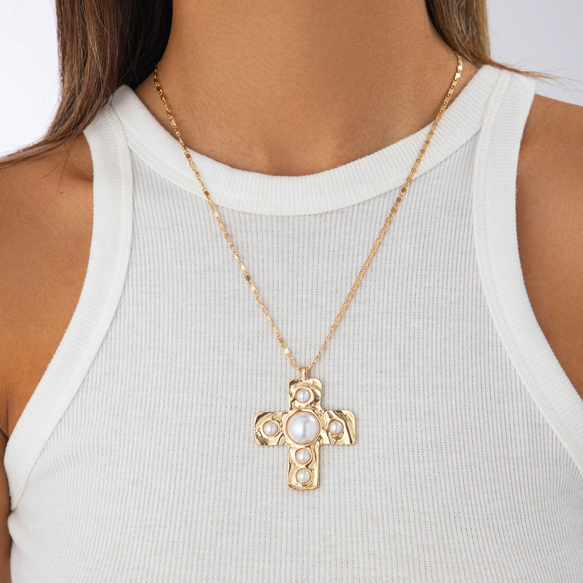 Jewelry Alloy Geometric Inlaid Pearl Cross Pendant Necklace Electroplated - Image 8