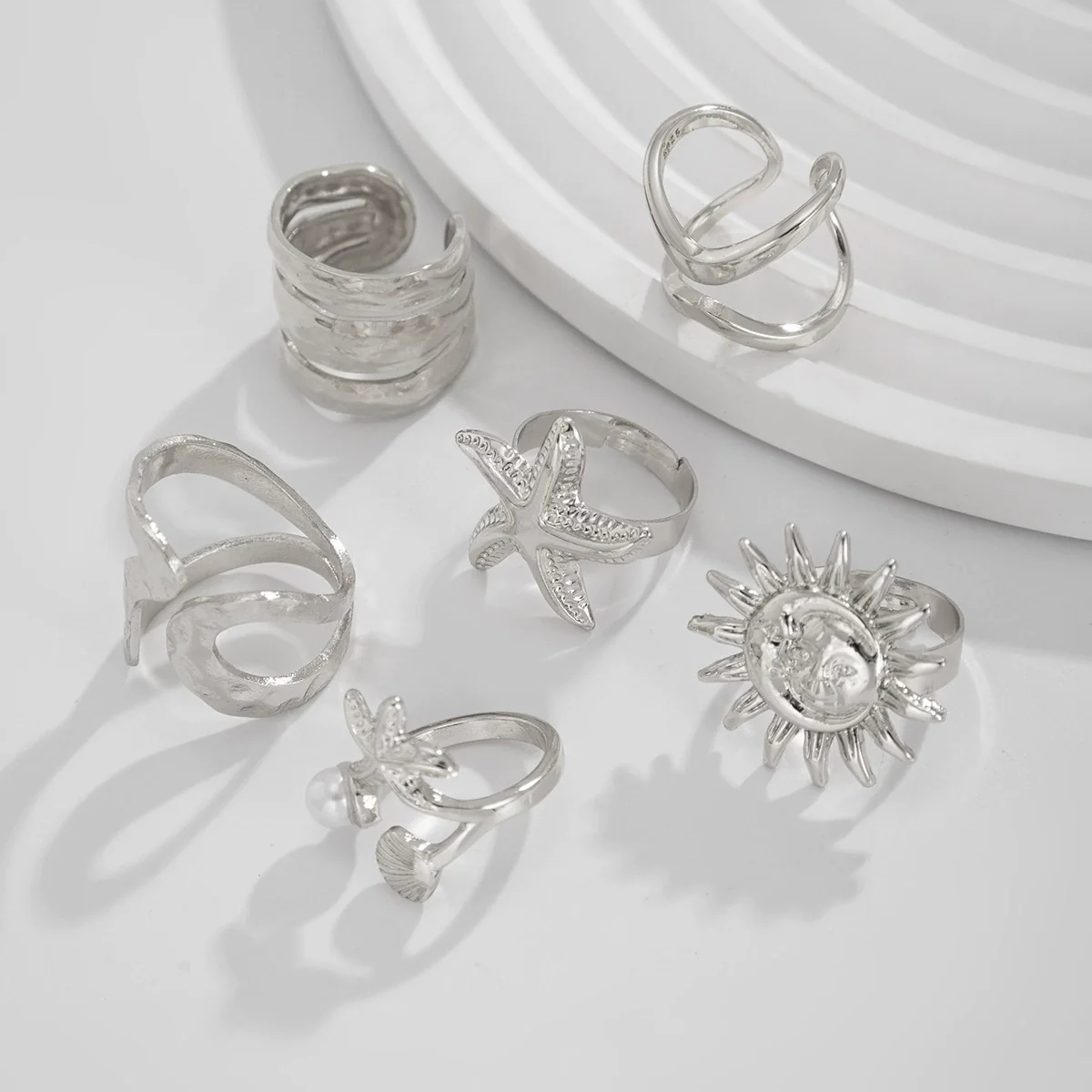 Jewelry Alloy Geometric Open Ring Set With Starfish Pearl Electroplating - Image 7