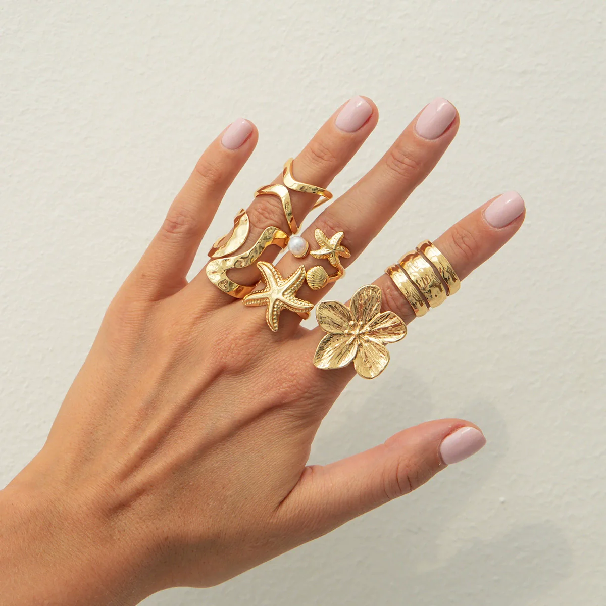 Jewelry Alloy Geometric Open Ring Set With Starfish Pearl Electroplating - Image 8
