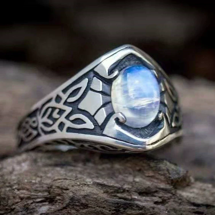 Jewelry Alloy Geometric Oval Moonstone Ring With Constellation Pattern Electroplated Punk Retro Style Unisex - Image 4