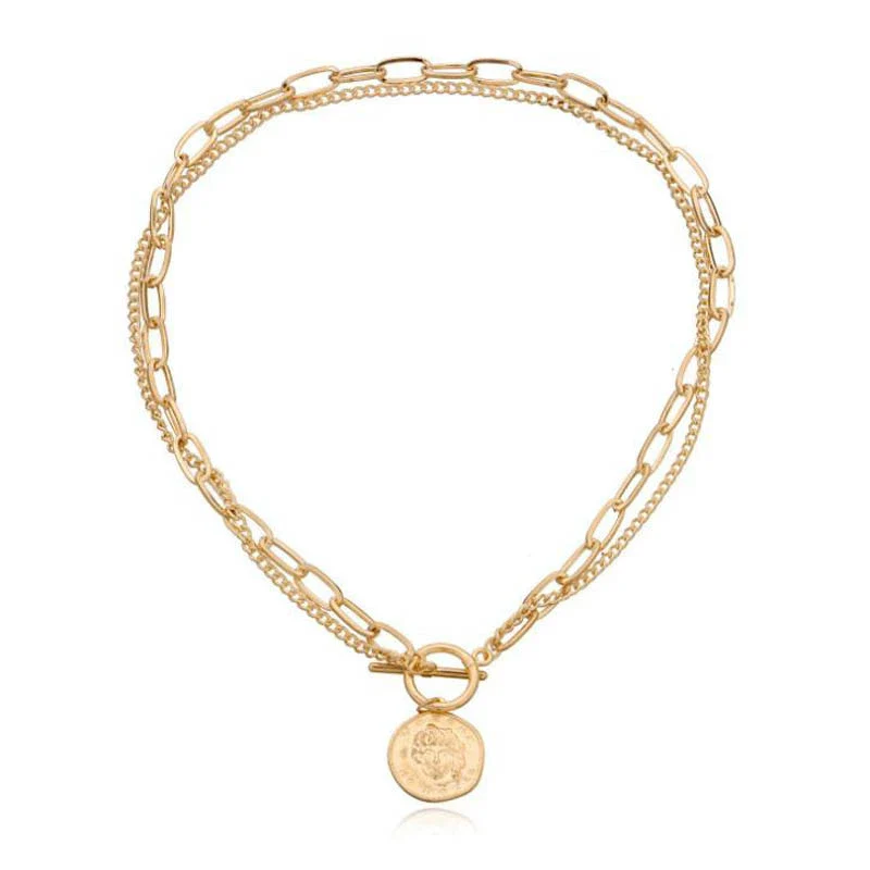 Jewelry Alloy Geometric Round Pendant Necklace For Women Doublelayer Simple Chain Electroplated