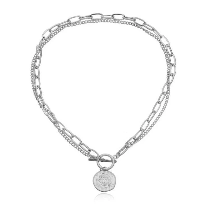 Jewelry Alloy Geometric Round Pendant Necklace For Women Doublelayer Simple Chain Electroplated - Image 2