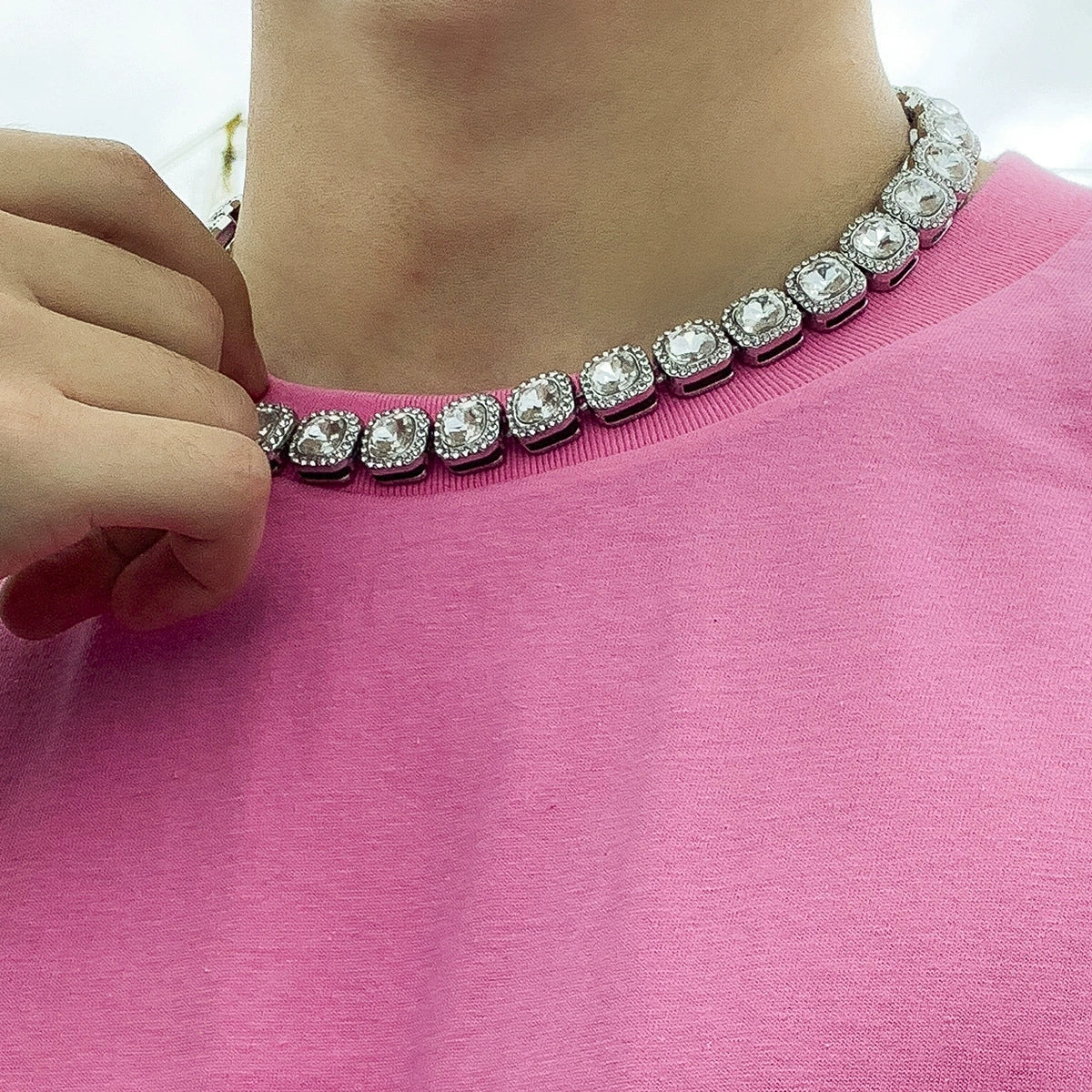 Jewelry Alloy Glass Geometric Square Diamondencrusted Cuban Chain Necklace Electroplated - Image 3