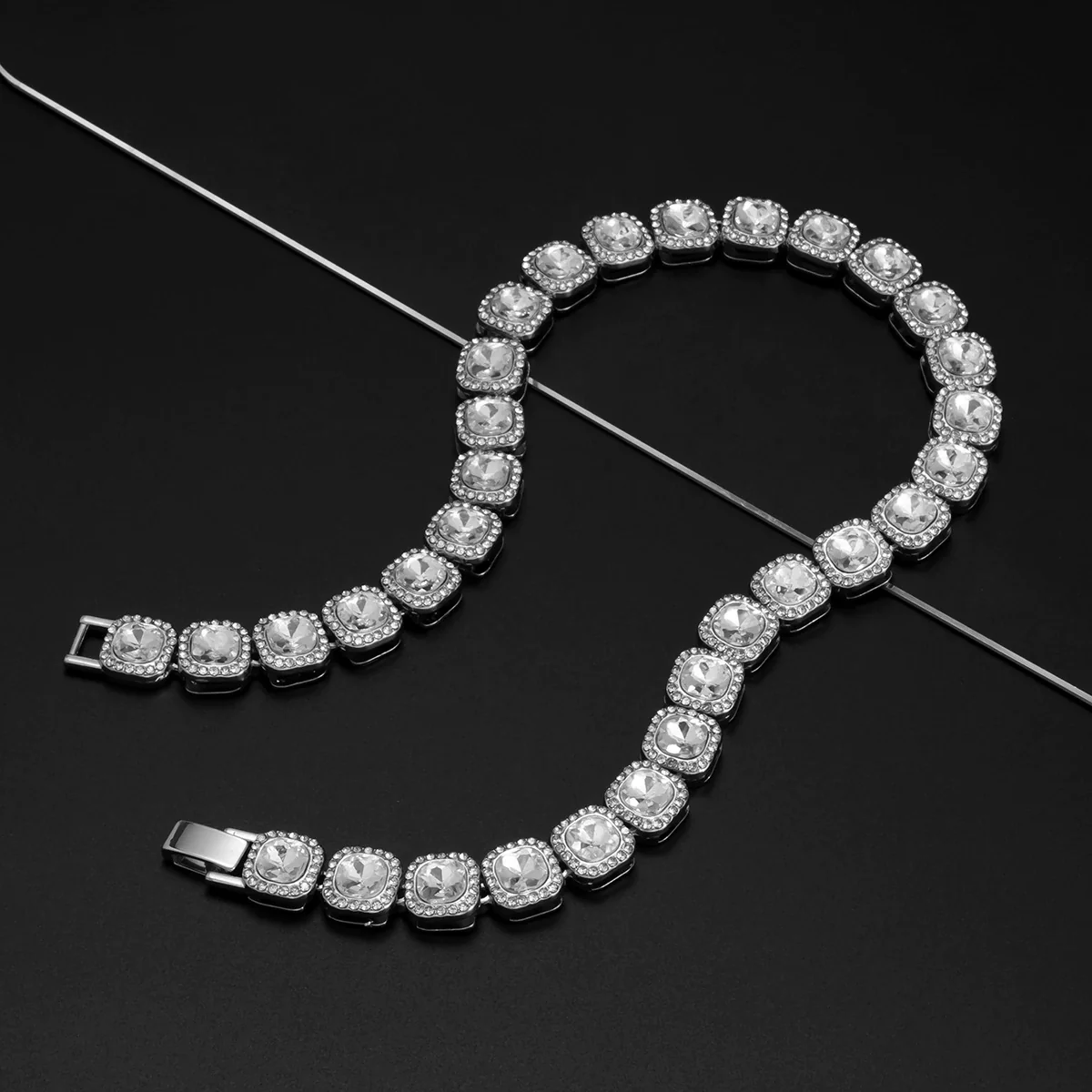 Jewelry Alloy Glass Geometric Square Diamondencrusted Cuban Chain Necklace Electroplated - Image 4