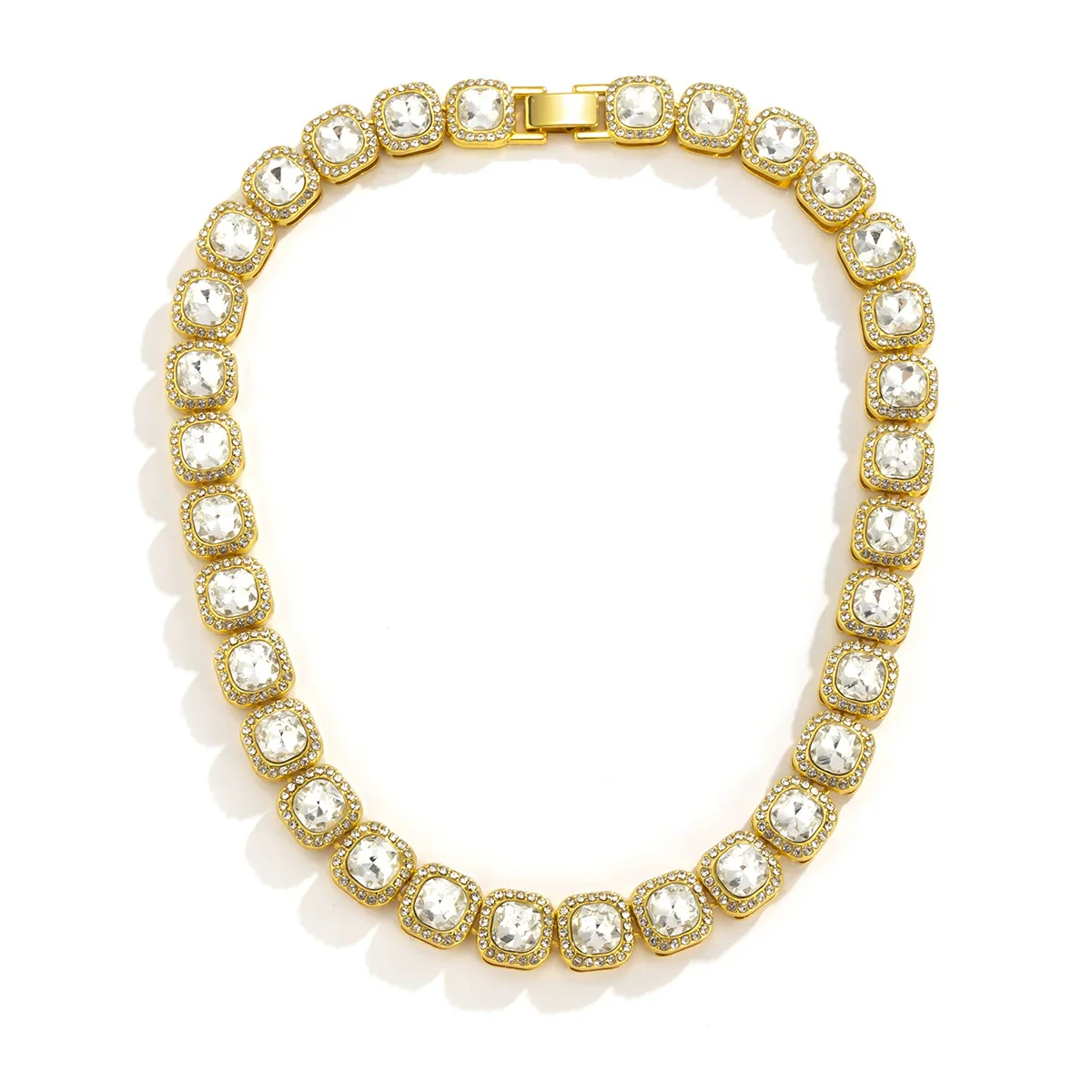 Jewelry Alloy Glass Geometric Square Diamondencrusted Cuban Chain Necklace Electroplated - Image 5