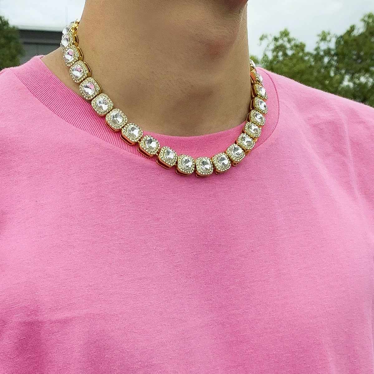 Jewelry Alloy Glass Geometric Square Diamondencrusted Cuban Chain Necklace Electroplated - Image 6