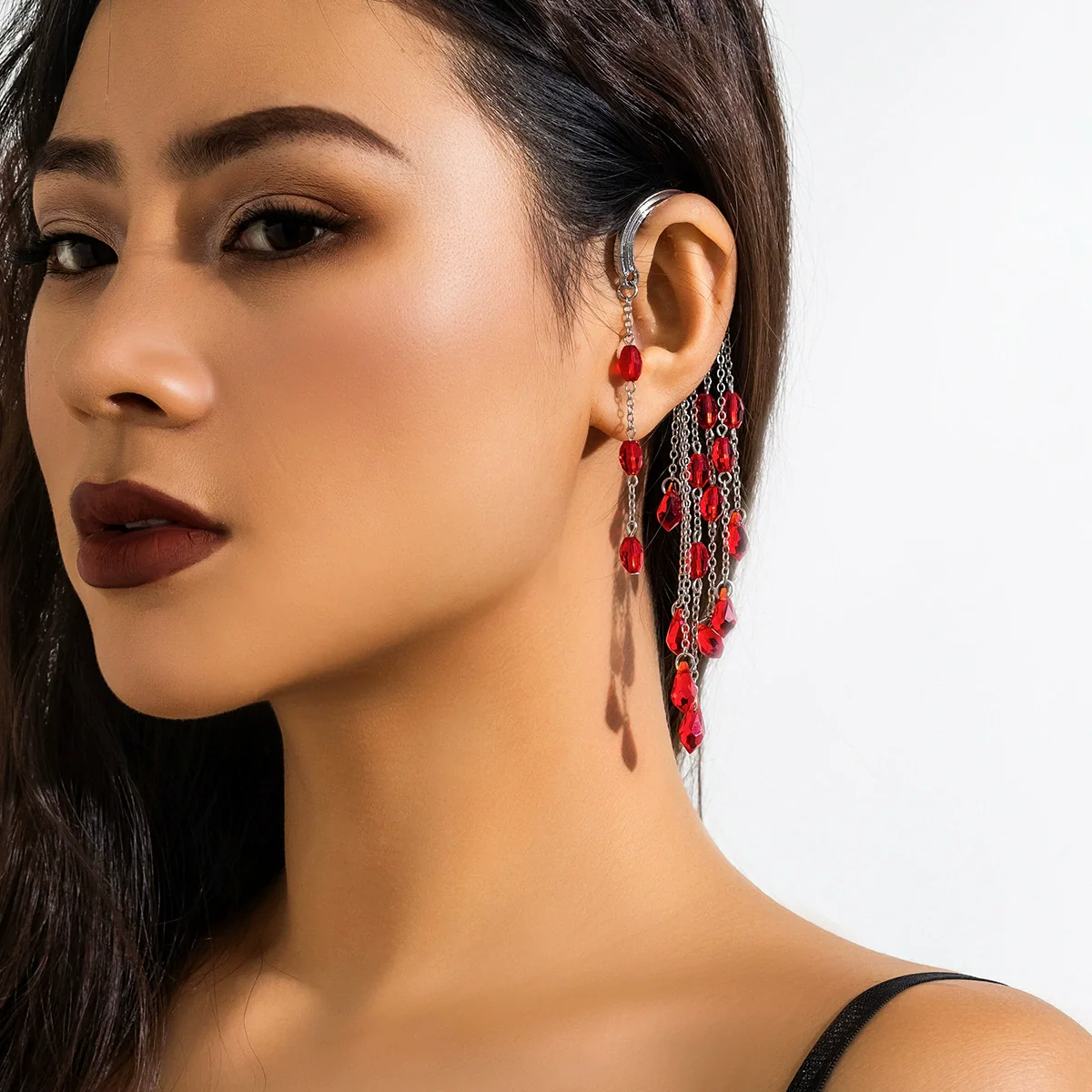 Jewelry Alloy Gothic Blood Drops Tassel Crystal Pendant Earrings For Women Electroplating - Image 6