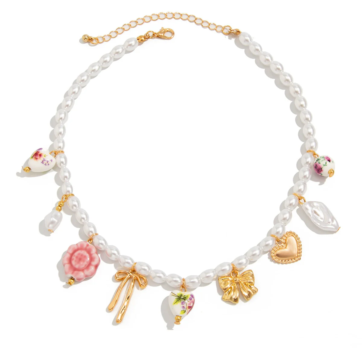 Jewelry Alloy Heart Geometric Clavicle Chain Electroplating Imitation Pearl Beaded Pendant Necklace Sweet Style - Image 5