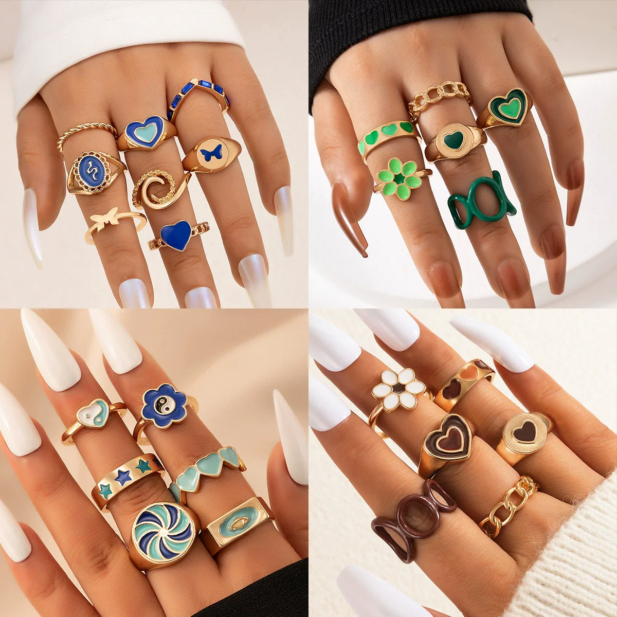 Jewelry Alloy Heart Geometric Oil Drop Ring Sixpiece Set