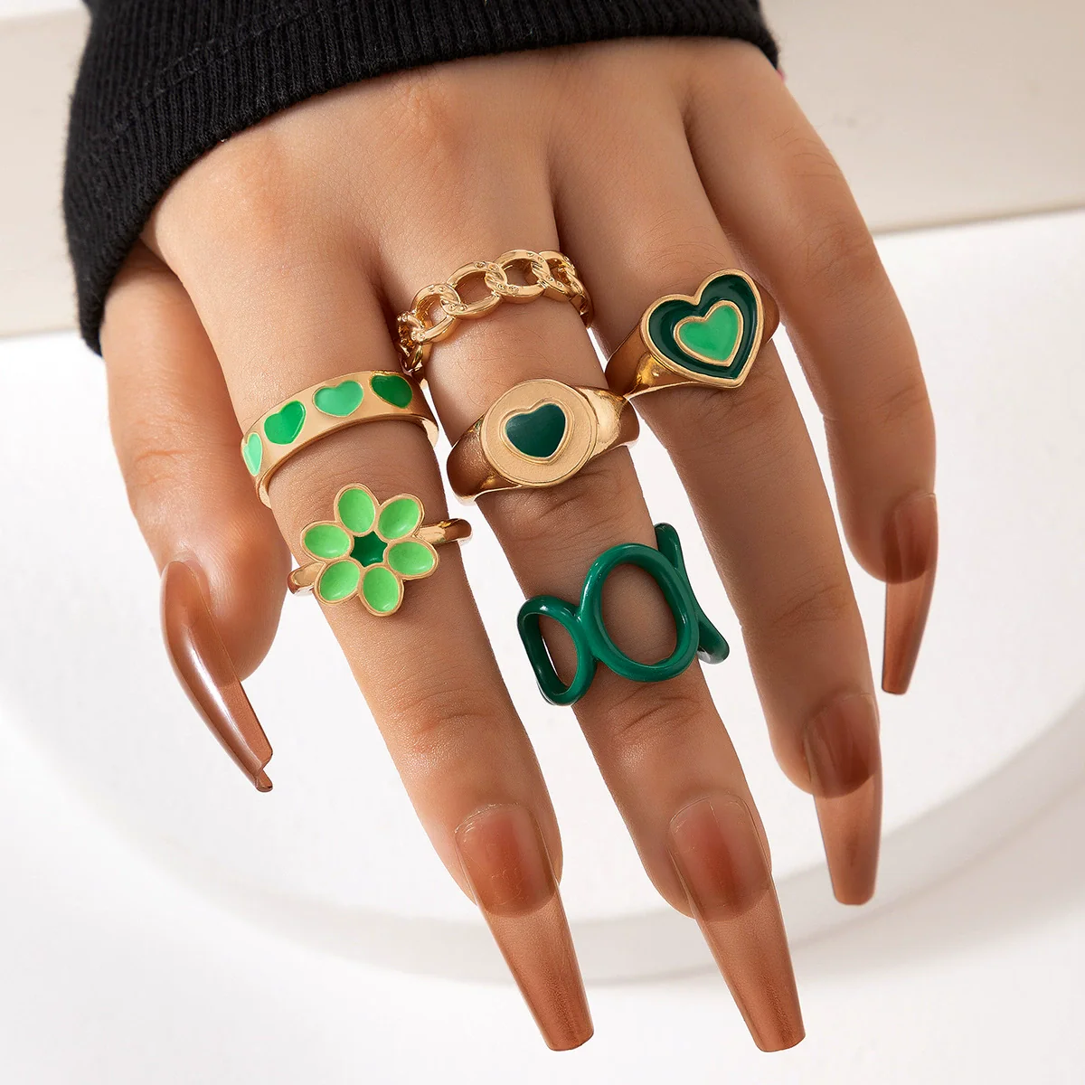 Jewelry Alloy Heart Geometric Oil Drop Ring Sixpiece Set - Image 6