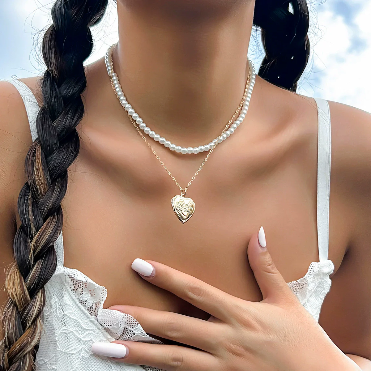 Jewelry Alloy Heart Pendant Pearl Chain Electroplating Sweet Style Women - Image 3