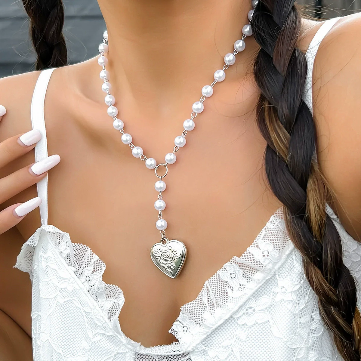 Jewelry Alloy Heart Pendant Pearl Chain Electroplating Sweet Style Women - Image 6