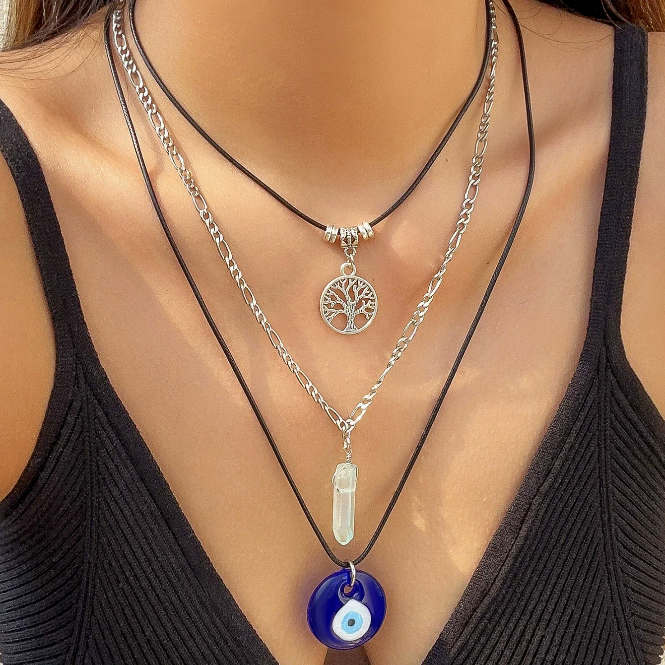 Jewelry Alloy Heartshaped Geometric Multilayer Tassel Pendant Necklace Electroplated - Image 8