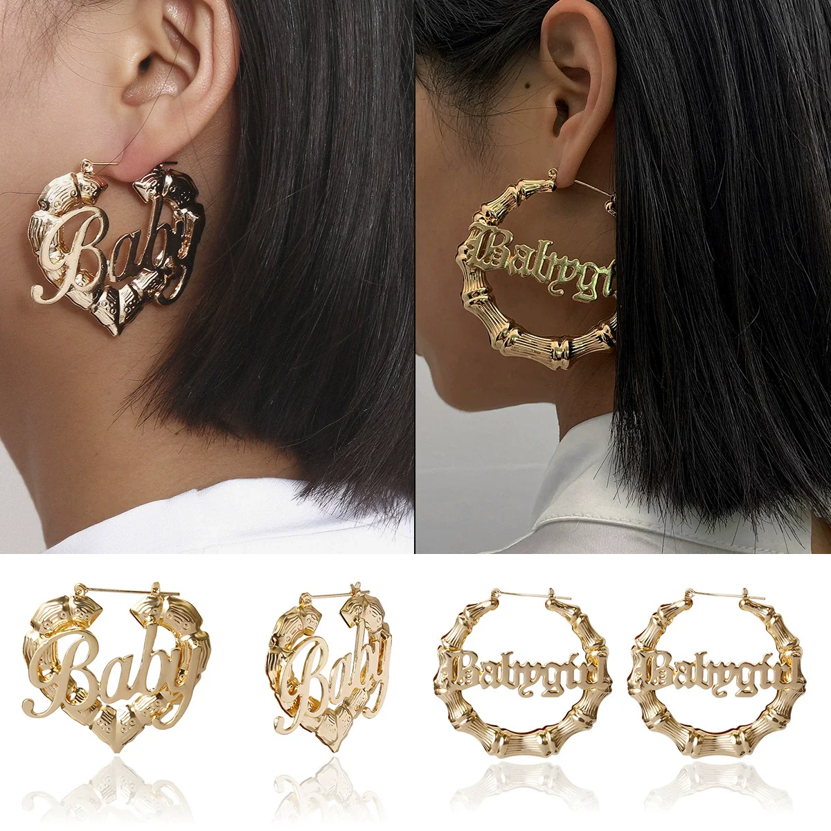Jewelry Alloy Hiphop Punk Round Bamboo Electroplated Heart Shape Stud Earrings For Women