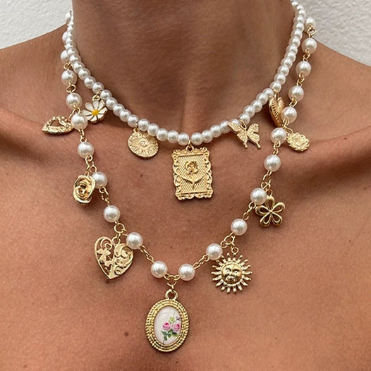 Jewelry Alloy Imitation Pearl Acrylic Butterfly Sunflower Heart Shape Geometric Clavicle Chain Electroplated - Image 2