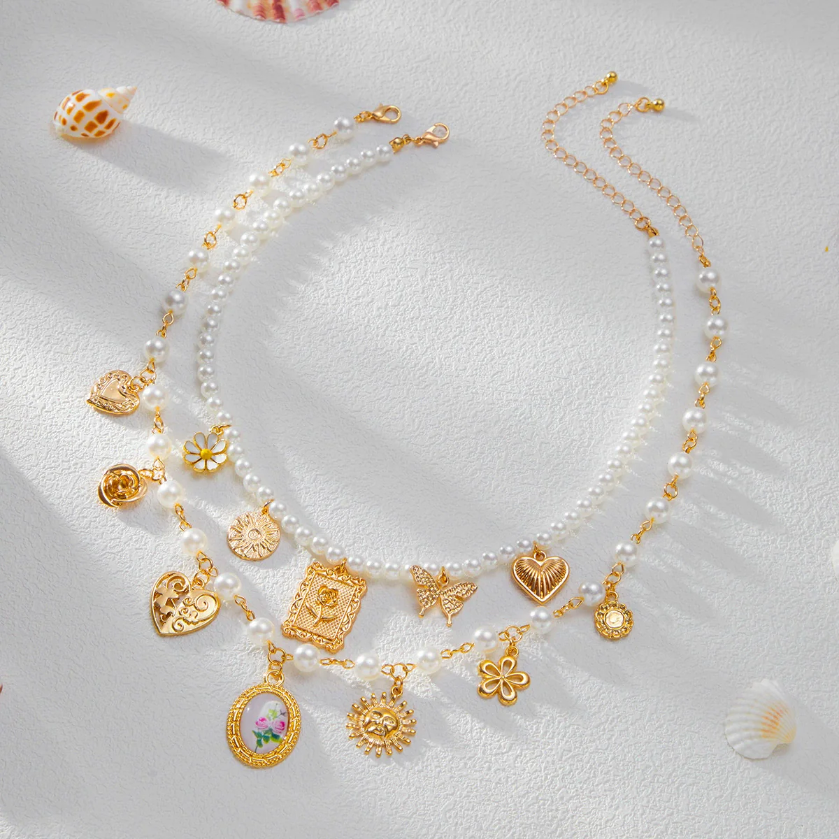 Jewelry Alloy Imitation Pearl Acrylic Butterfly Sunflower Heart Shape Geometric Clavicle Chain Electroplated - Image 4