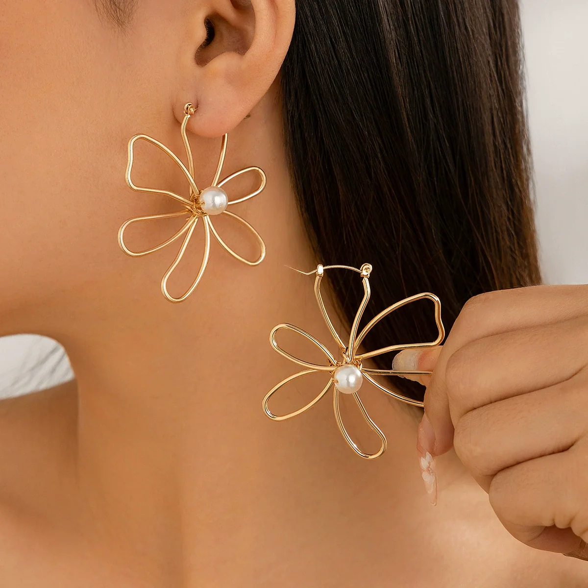 Jewelry Alloy Imitation Pearl Big Flower Geometric Diamond Earrings For Women