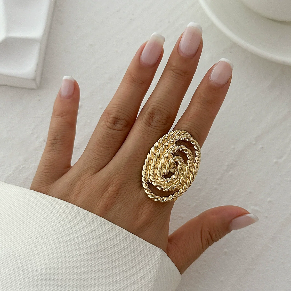 Jewelry Alloy Imitation Pearl Geometric Corrugated Irregular Oval Winding Ring Electroplated For Women - Image 12