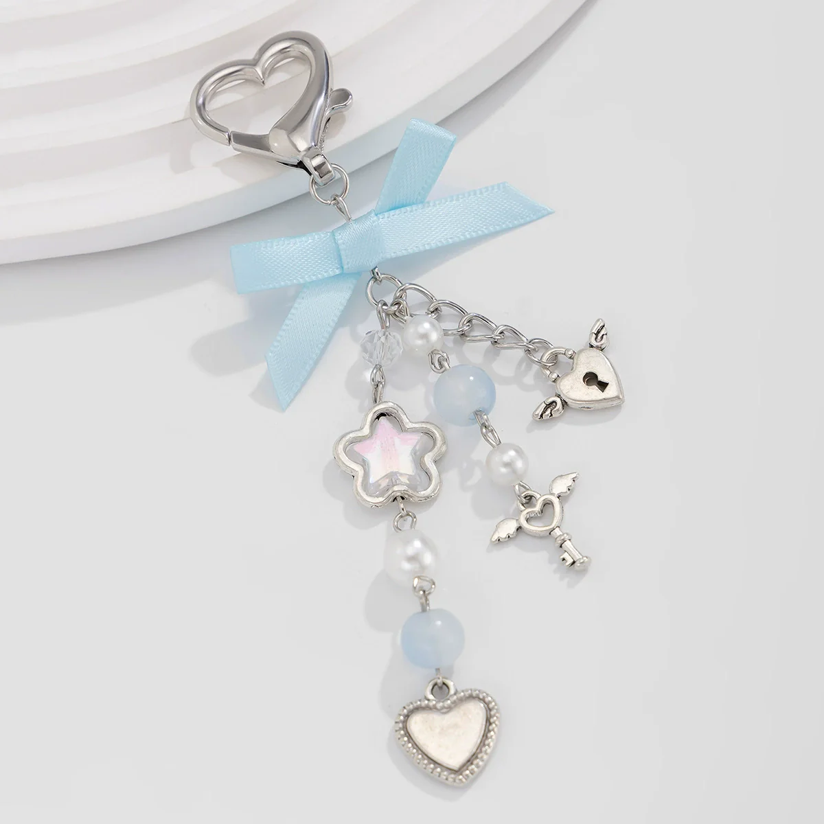 Jewelry Alloy Imitation Pearl Love Bow Ribbon Key Chain Pendant With Electroplating