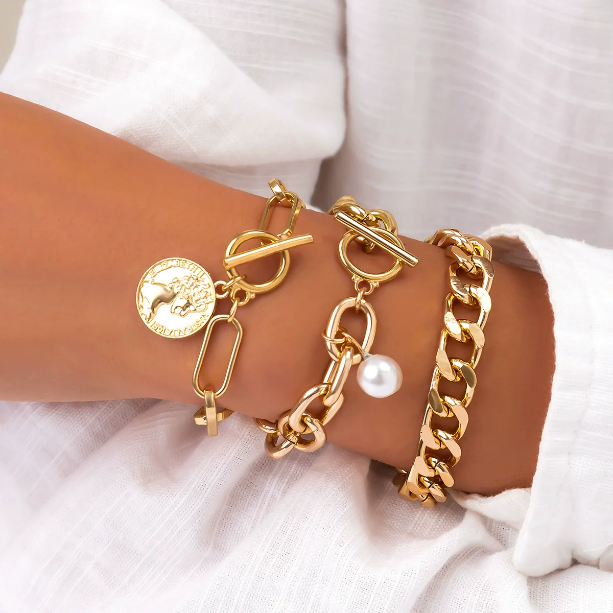 Jewelry Alloy Imitation Pearl Retro Geometric Electroplated Bracelet Set For Women - Image 6