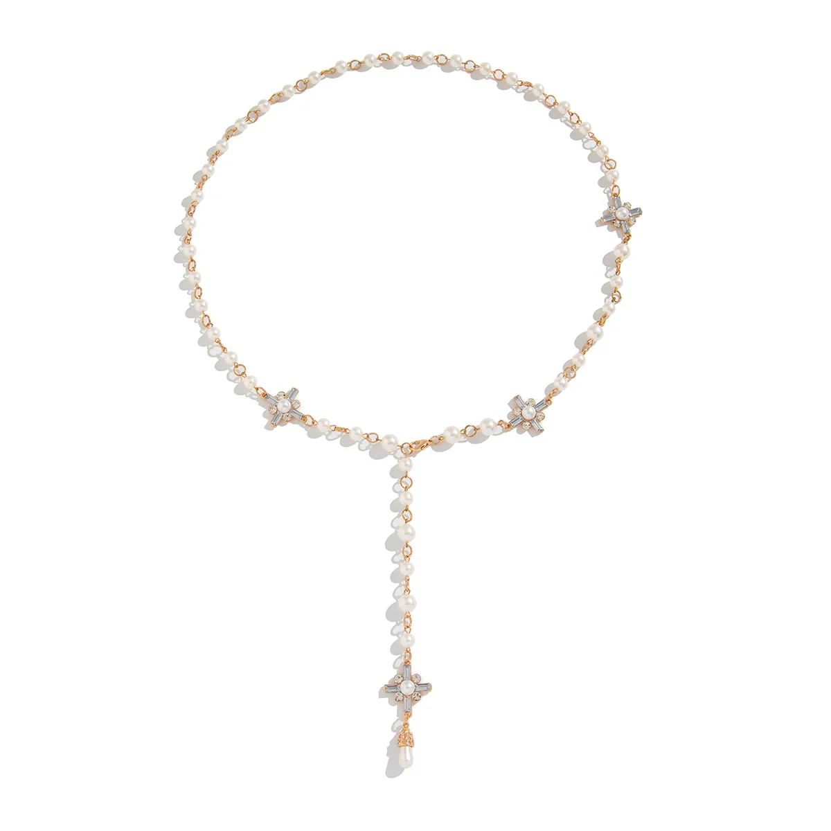 Jewelry Alloy Imitation Pearl Rhinestones Geometric Cross Chain Electroplated Necklace For Women - Image 5