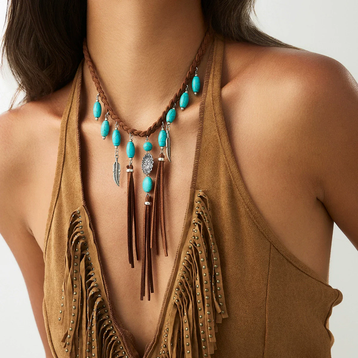 Jewelry Alloy Imitation Turquoise Velvet Woven Tassel Clavicle Chain With Electroplating For Women
