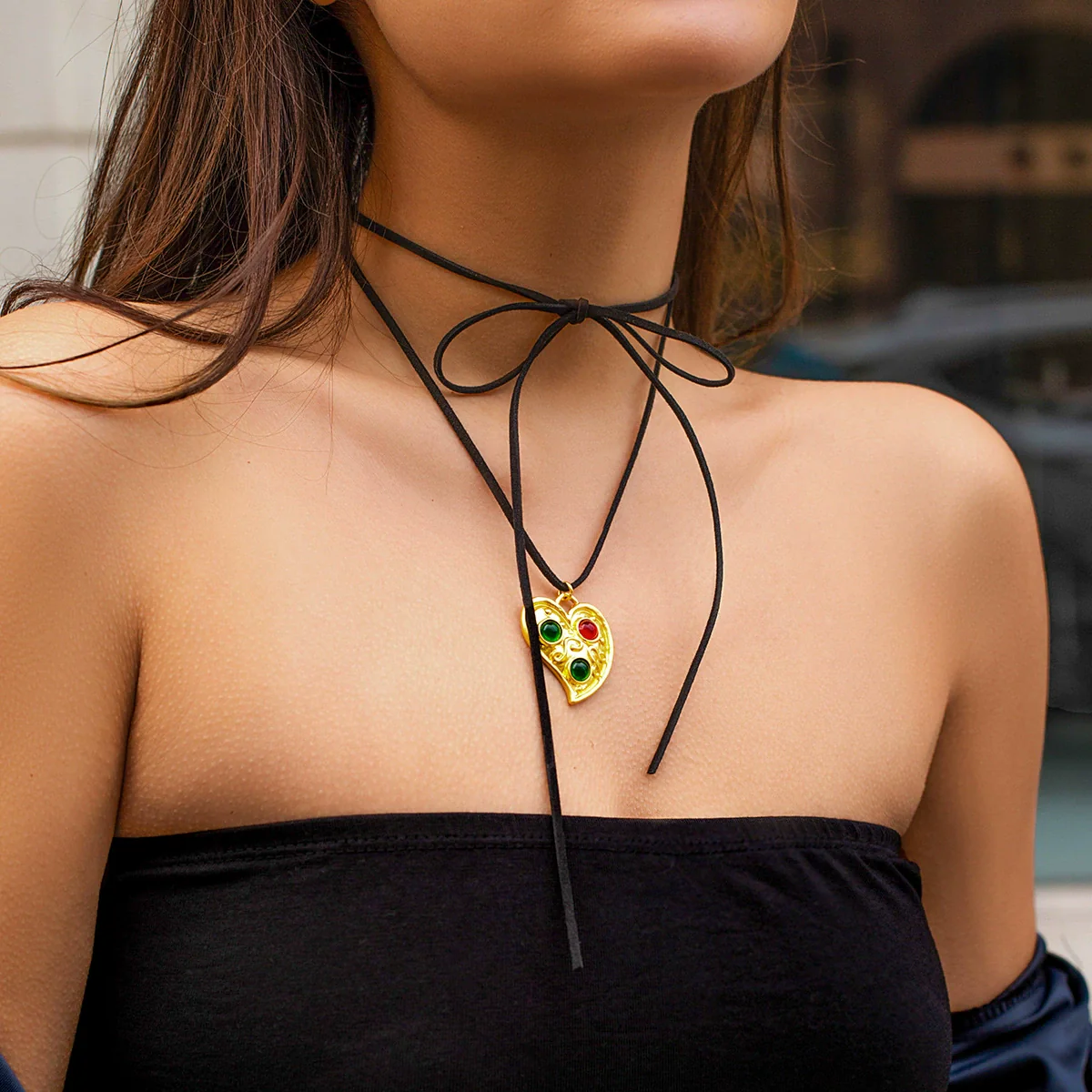 Jewelry Alloy Leather Wax Thread Flannel Handmade Heart Pendant Choker Necklace - Image 3
