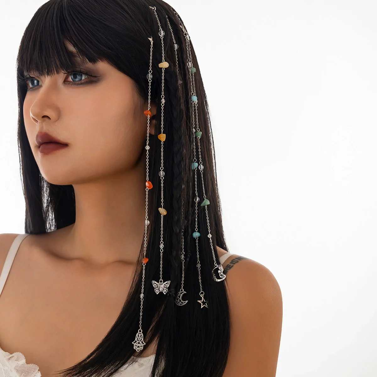 Jewelry Alloy Multistar Moon Tassel Conch Butterfly Long Gravel Hair Chain Electroplated For Women - Image 3