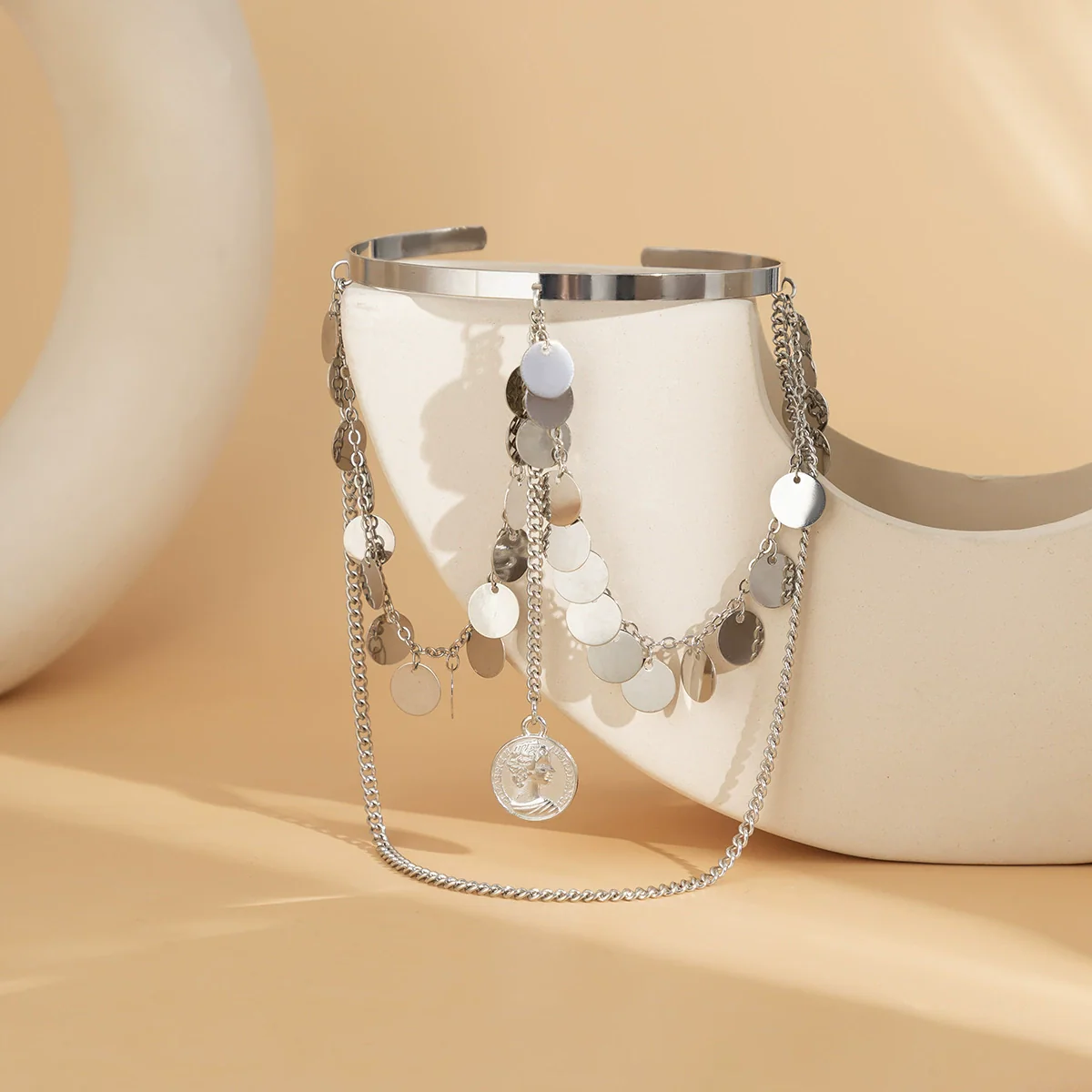 Jewelry Alloy Open Metal Chain Bracelet Geometric Retro Portraits Sequins U Shaped Tassel Electroplated For Women - Image 4