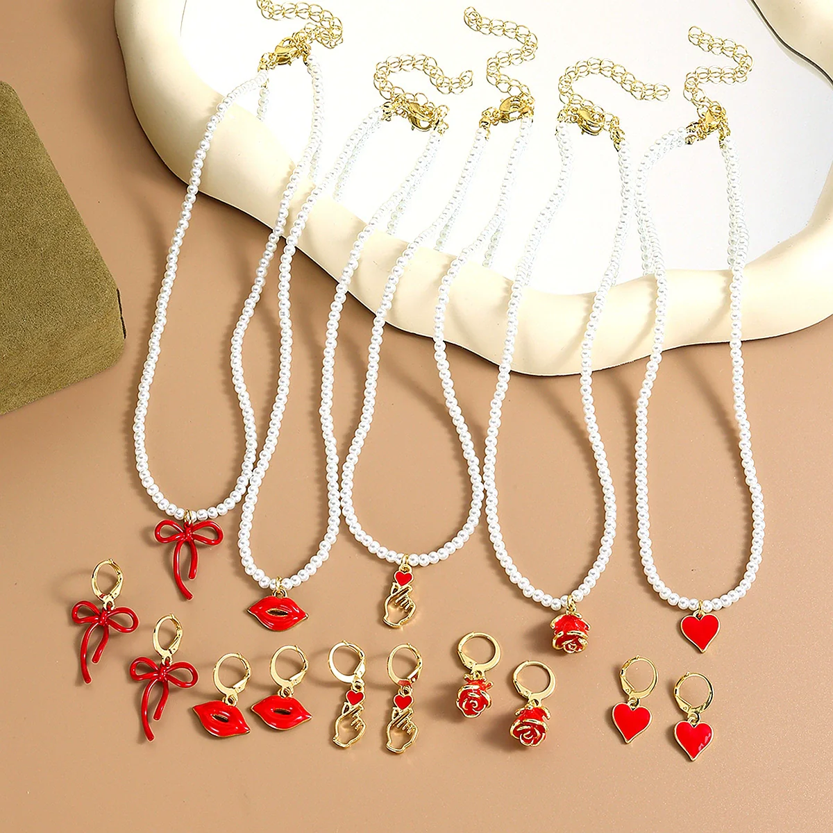 Jewelry Alloy Pearl Chain Heart Bow Geometric Sweet Style Electroplating Valentine's Day Women's Bracelet Necklace - Image 2