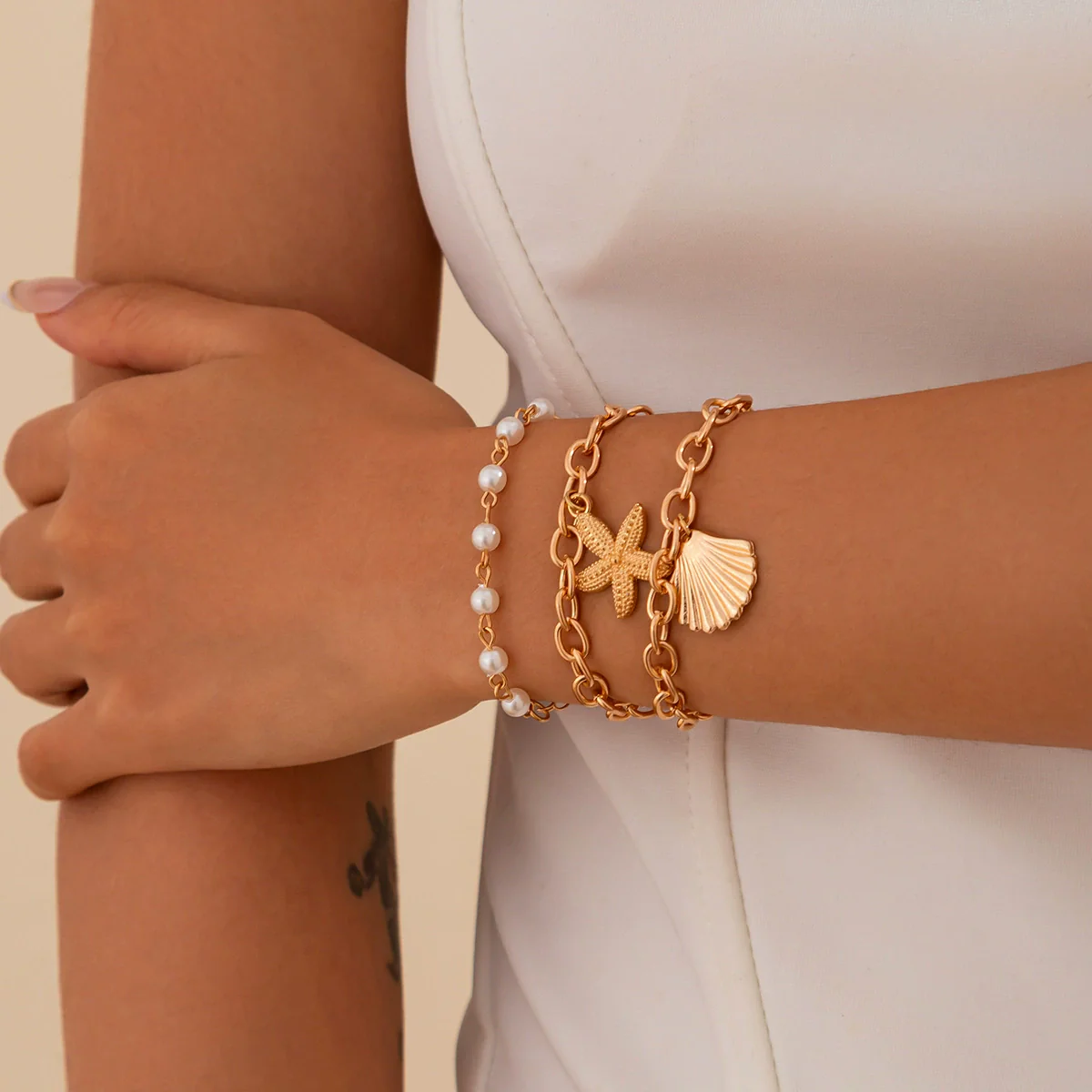 Jewelry Alloy Pendant Bracelet With Imitation Pearl Aluminum Chain Geometric Style Starfish Shell Electroplating For Women - Image 7