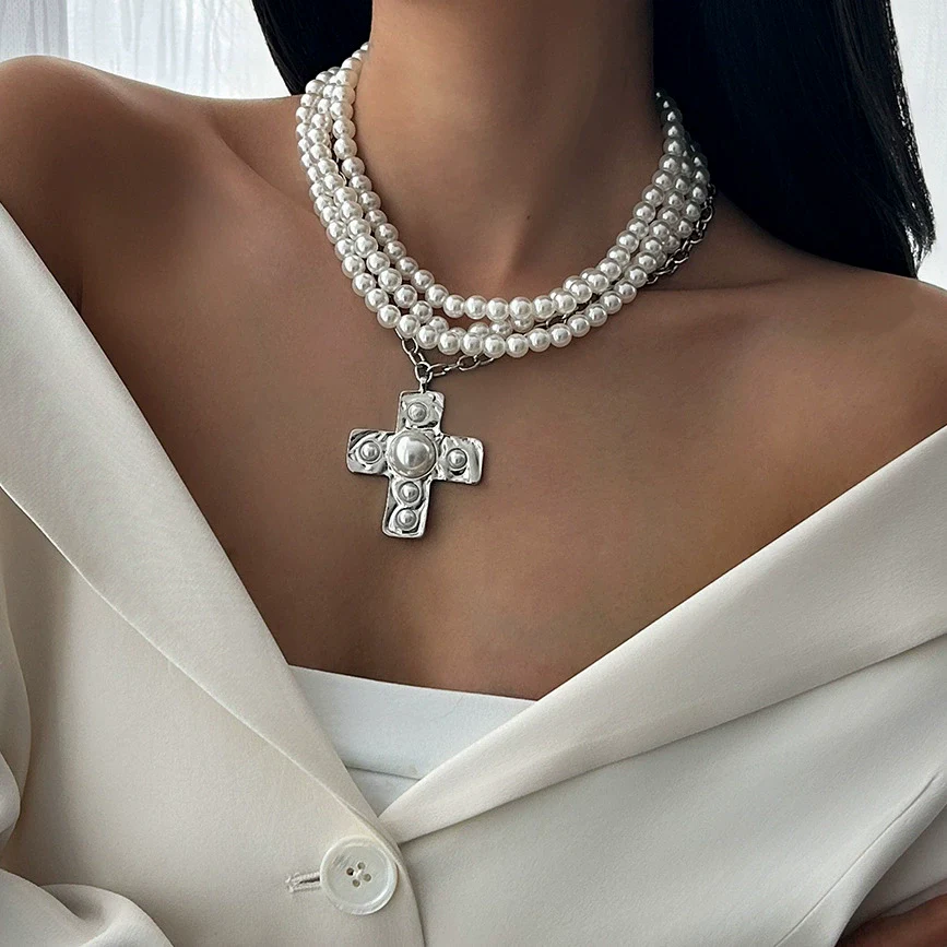 Jewelry Alloy Pendant Clavicle Chain With Geometric Pattern Imitation Pearl Beaded Electroplated For Women - Image 2
