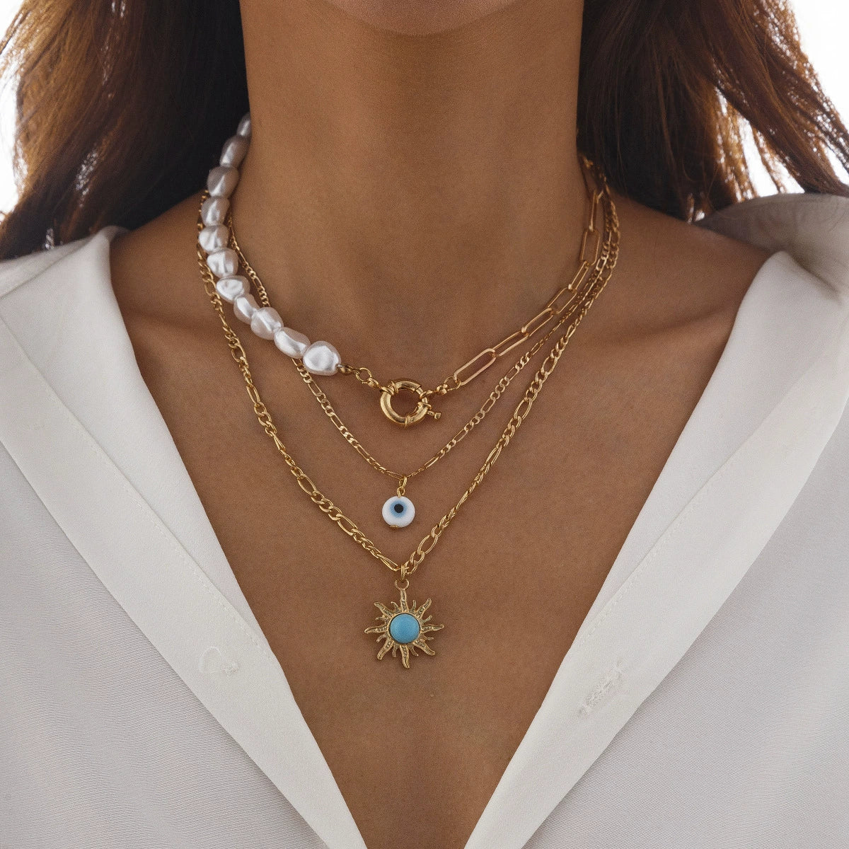 Jewelry Alloy Pendant Necklace With Turquoise Sunflower Beads Copper Iron Acrylic Rice Beads Electroplated Geometric Style For Women - Image 12
