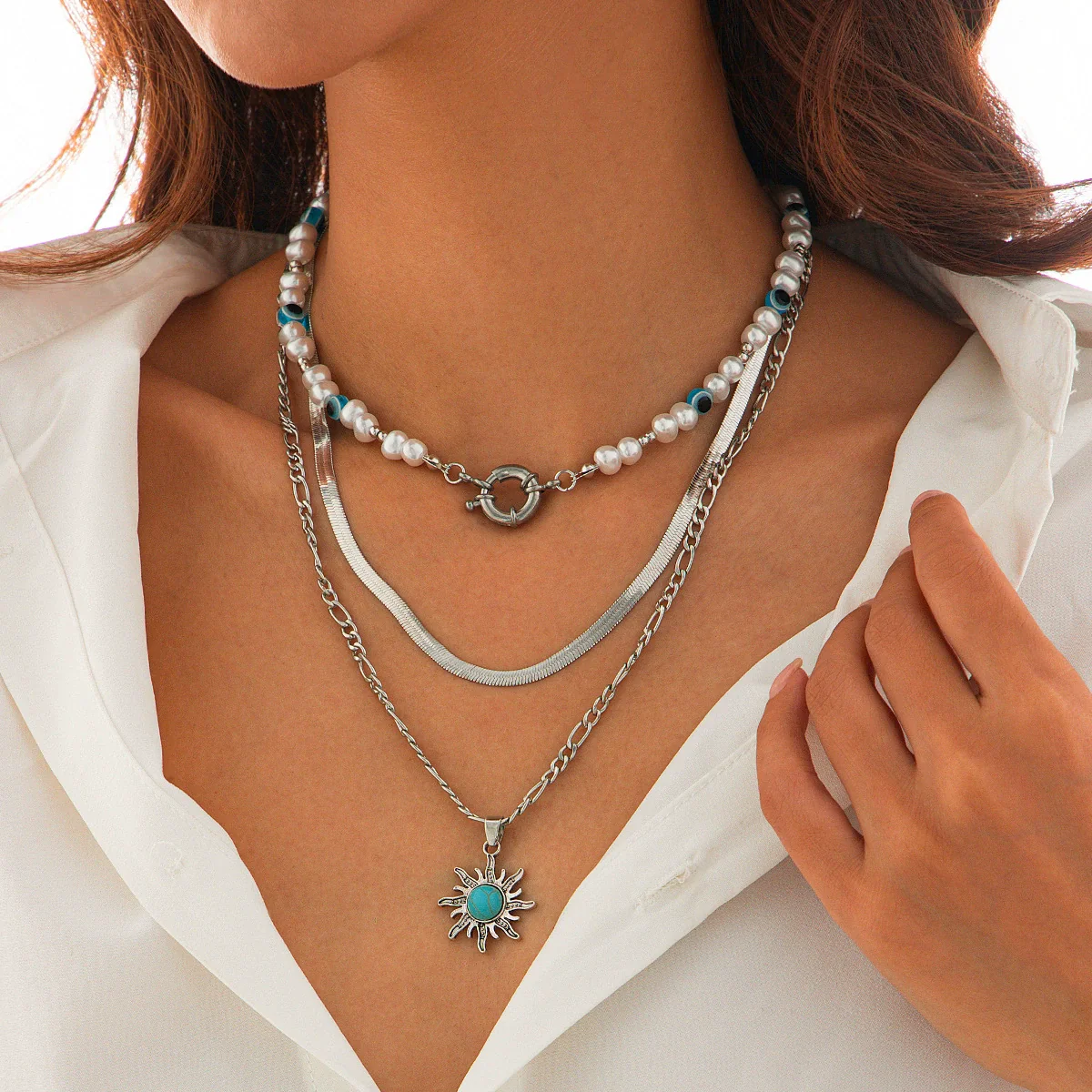 Jewelry Alloy Pendant Necklace With Turquoise Sunflower Beads Copper Iron Acrylic Rice Beads Electroplated Geometric Style For Women - Image 13
