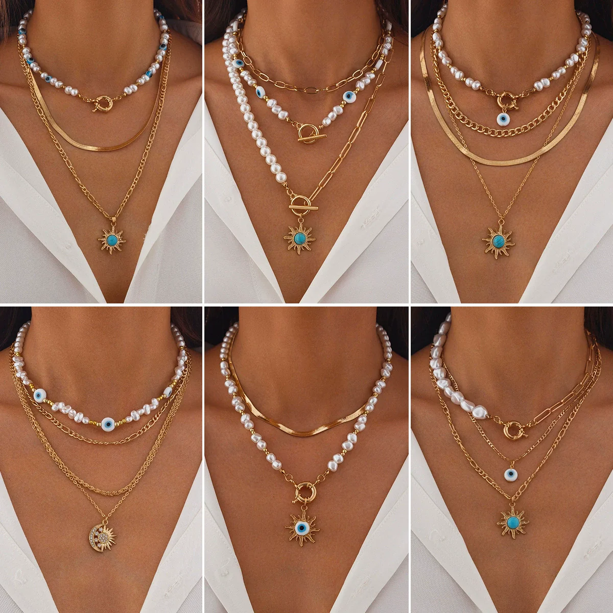 Jewelry Alloy Pendant Necklace With Turquoise Sunflower Beads Copper Iron Acrylic Rice Beads Electroplated Geometric Style For Women - Image 2