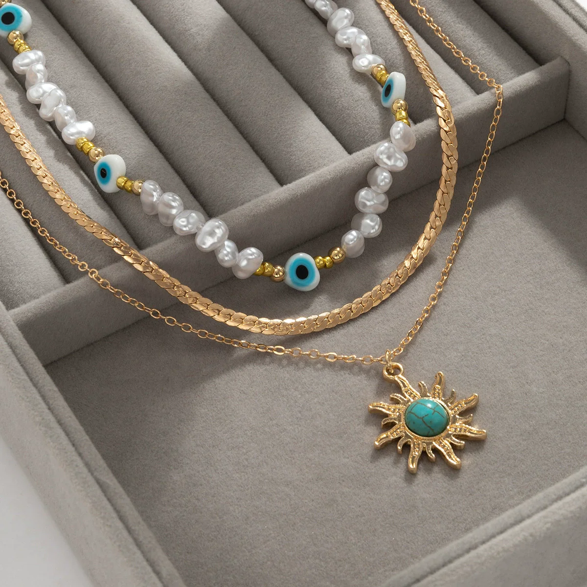 Jewelry Alloy Pendant Necklace With Turquoise Sunflower Beads Copper Iron Acrylic Rice Beads Electroplated Geometric Style For Women - Image 3