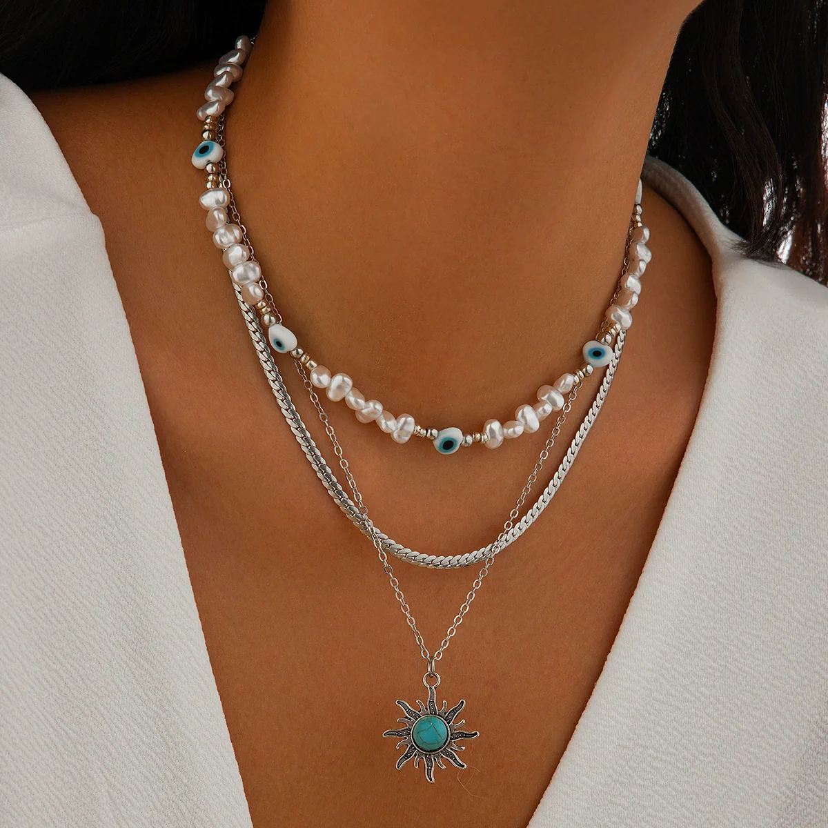 Jewelry Alloy Pendant Necklace With Turquoise Sunflower Beads Copper Iron Acrylic Rice Beads Electroplated Geometric Style For Women - Image 7