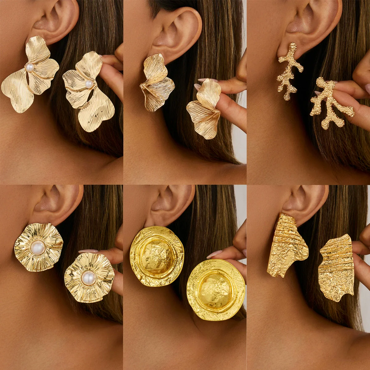 Jewelry Alloy Pleated Petal Exaggerated Asymmetrical Imitation Pearl Flower Electroplated Earrings For Women