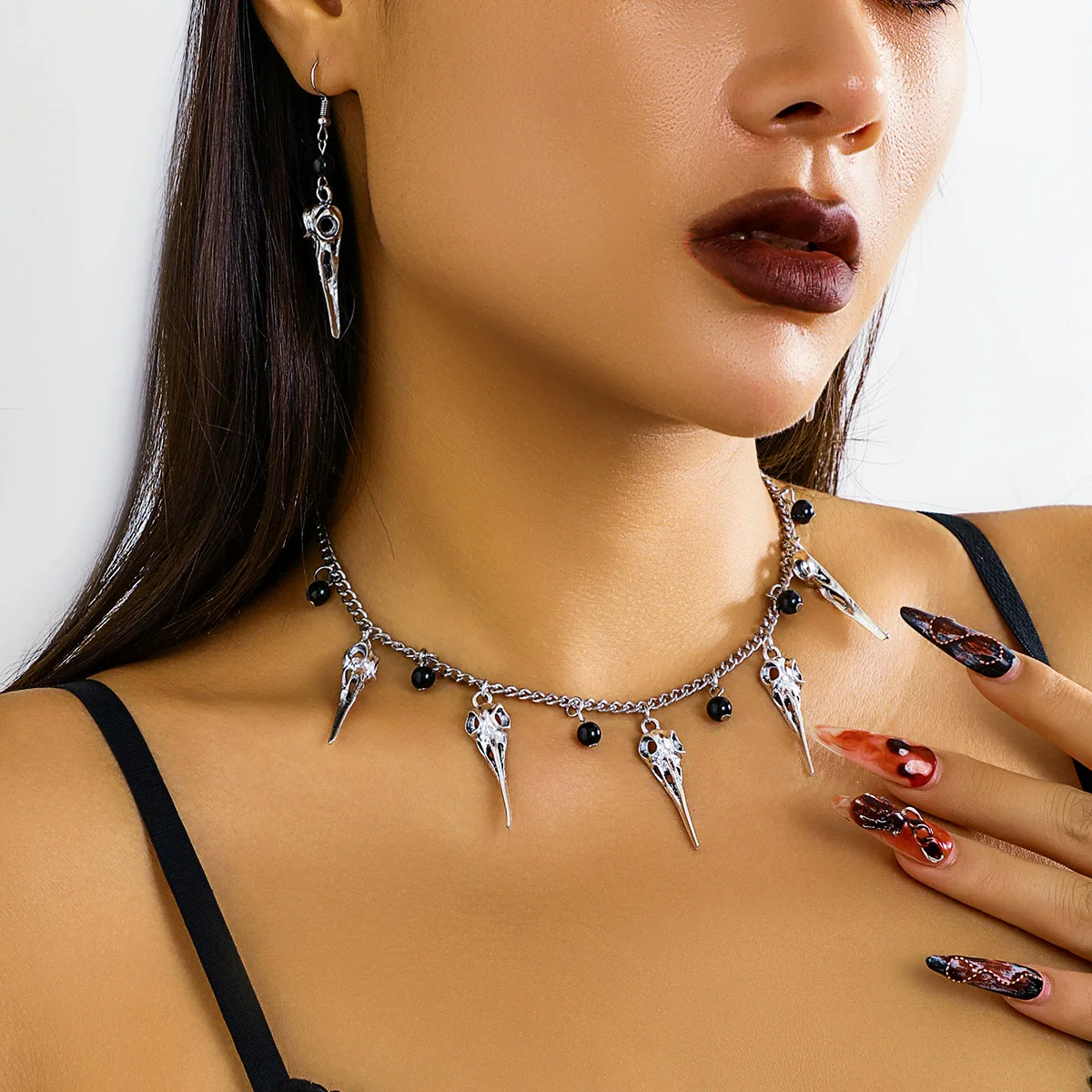 Jewelry Alloy Pointed Skull Pendant Tassel Necklace Hip Hop Geometric Electroplating