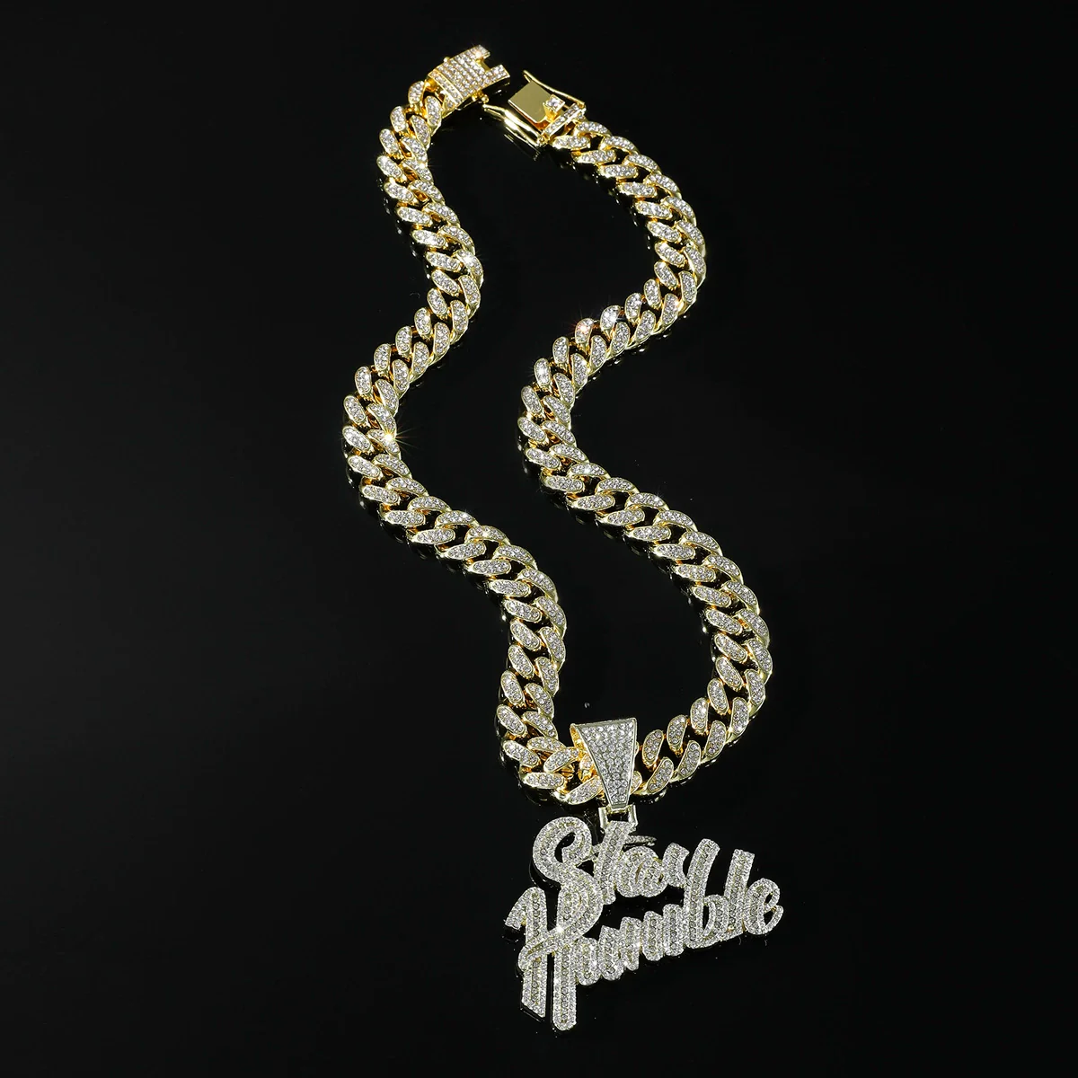 Jewelry Alloy Rhinestone Diamond Stitching Letter Pendant Necklace Hiphop Style Cuban Chain - Image 2