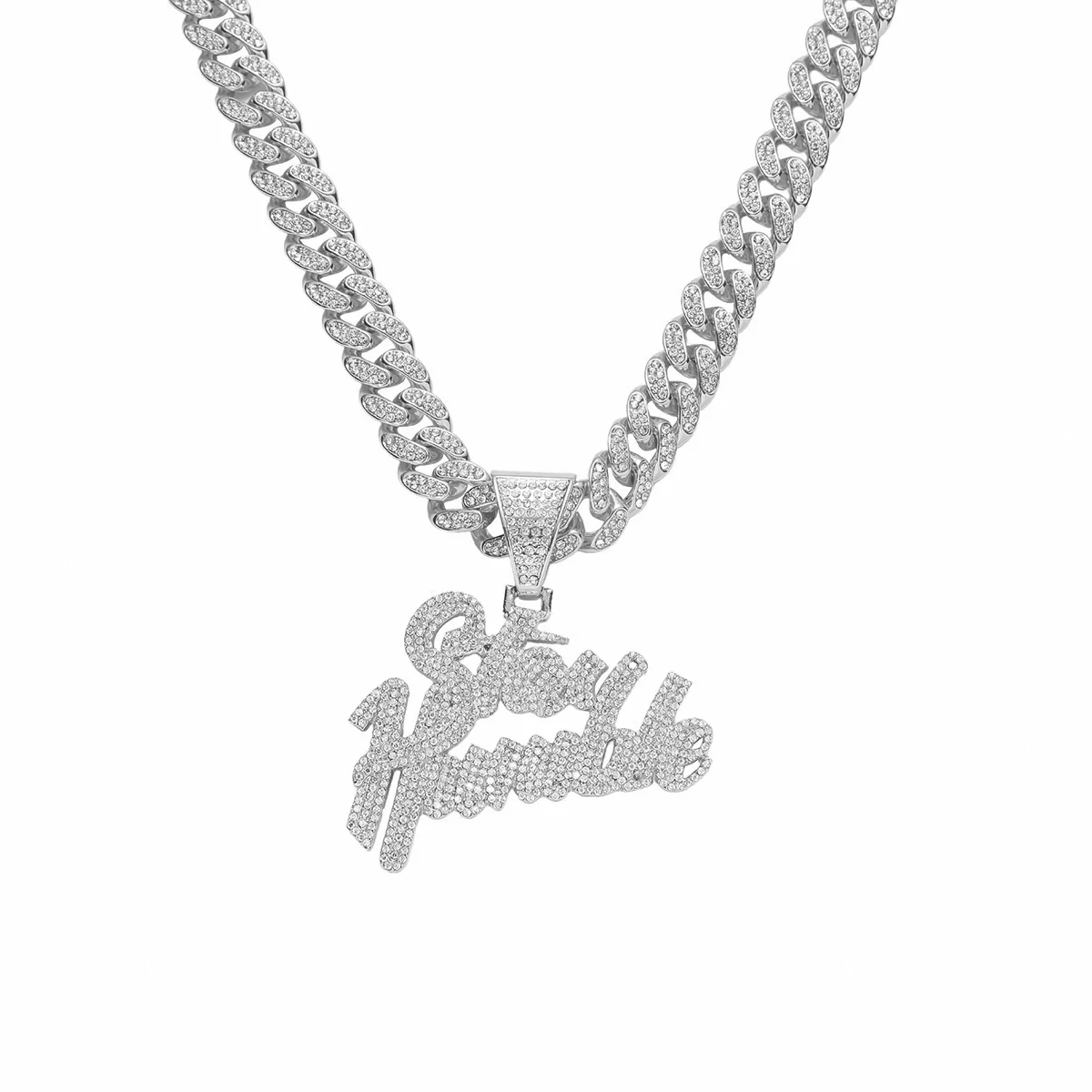 Jewelry Alloy Rhinestone Diamond Stitching Letter Pendant Necklace Hiphop Style Cuban Chain - Image 7