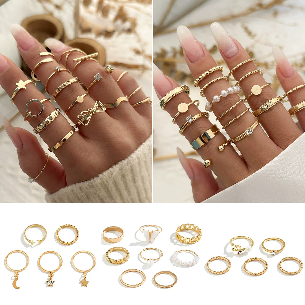 Jewelry Alloy Star And Moon Ring Set With Butterfly Geometric Design And Microinlaid Diamond For Women