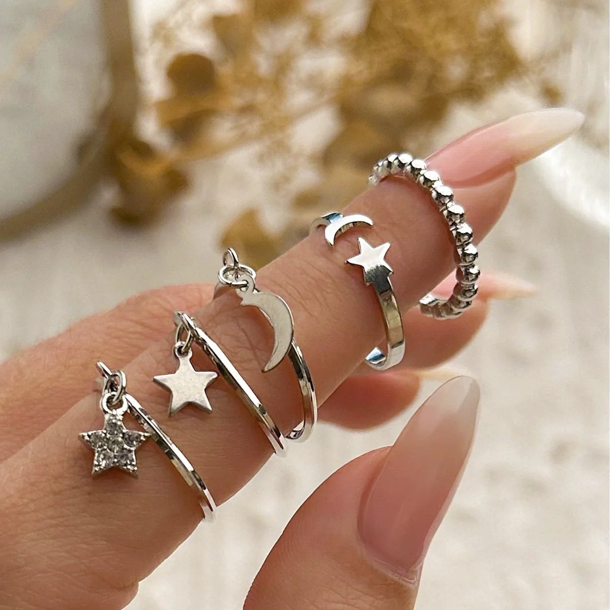 Jewelry Alloy Star And Moon Ring Set With Butterfly Geometric Design And Microinlaid Diamond For Women - Image 2