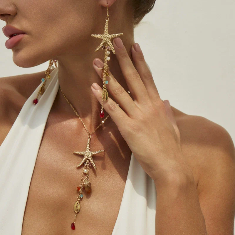 Jewelry Alloy Starfish Shell Pendant Necklace Set For Women Highend Animal Style Electroplated