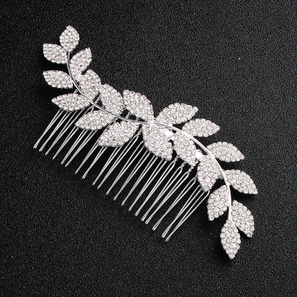 Jewelry Alloy Waveshaped Rhinestone Leaf Multitooth Bridal Hair Comb With Flower Pattern Electroplating For Women