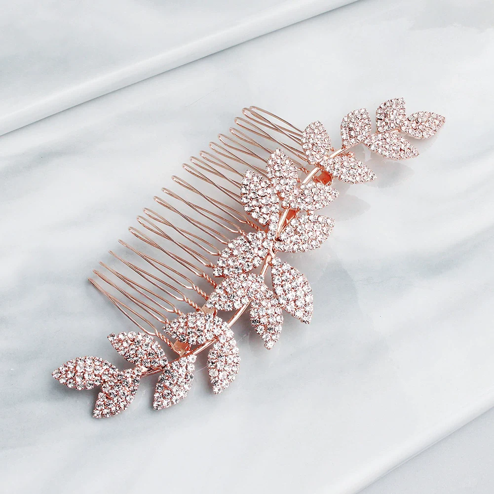 Jewelry Alloy Waveshaped Rhinestone Leaf Multitooth Bridal Hair Comb With Flower Pattern Electroplating For Women - Image 2